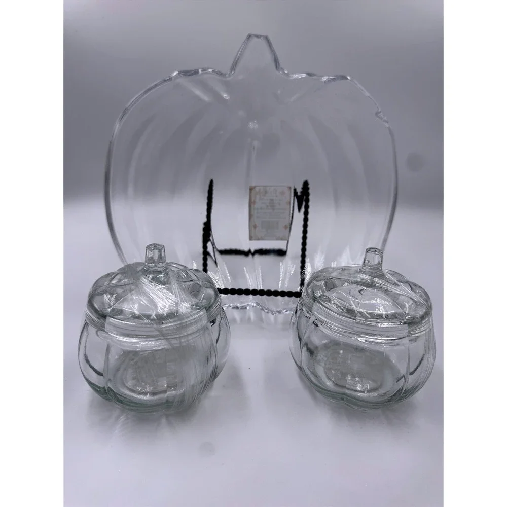 Glass Pumpkin Plate and 2 Lidded Jars Set